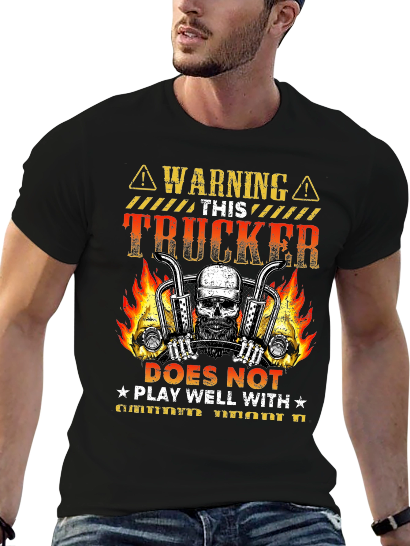 Warning Trucker T-Shirt: Skull & Flames Design