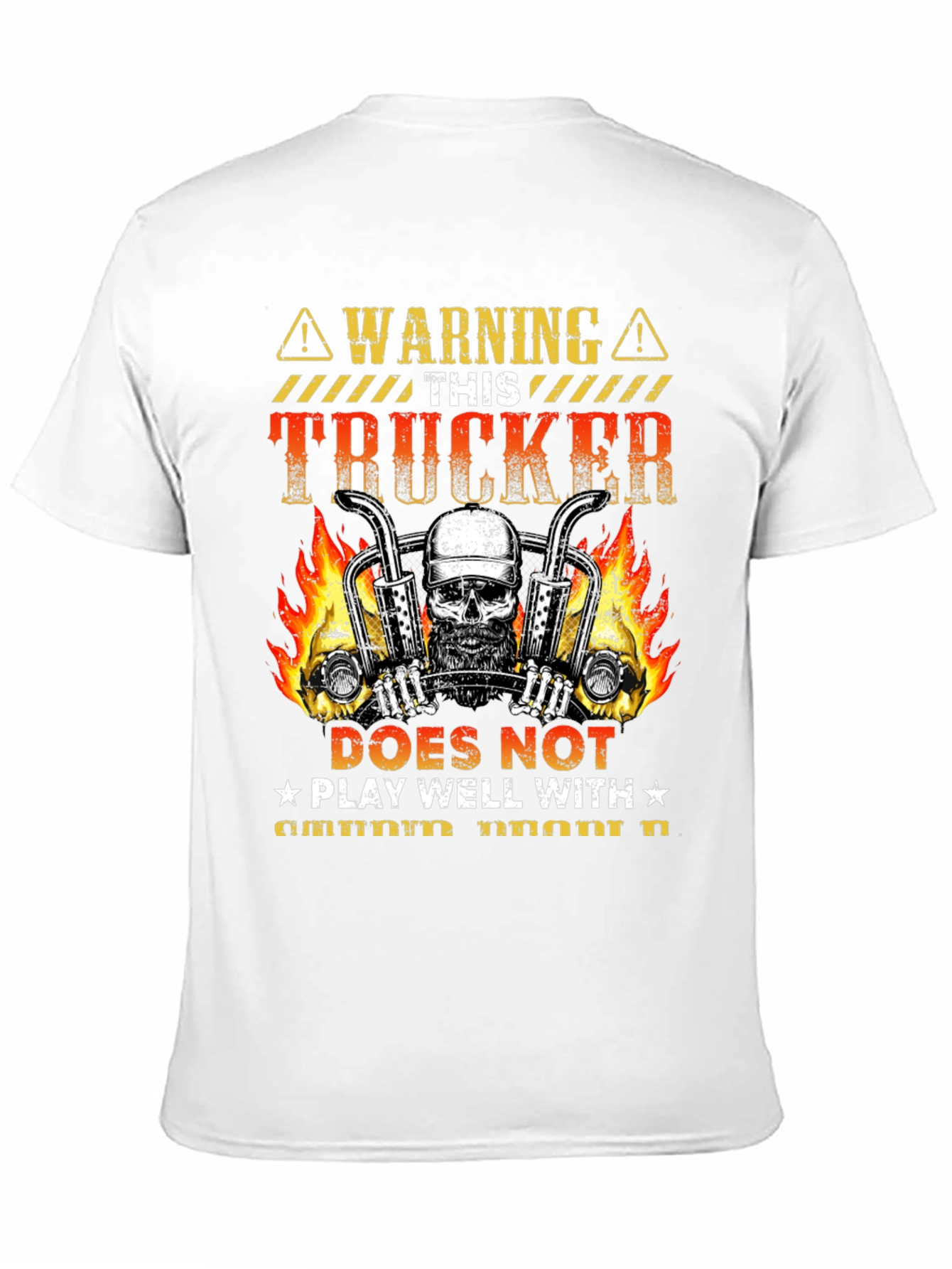 Warning Trucker T-Shirt: Skull & Flames Design