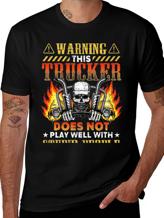 Warning Trucker T-Shirt: Skull & Flames Design