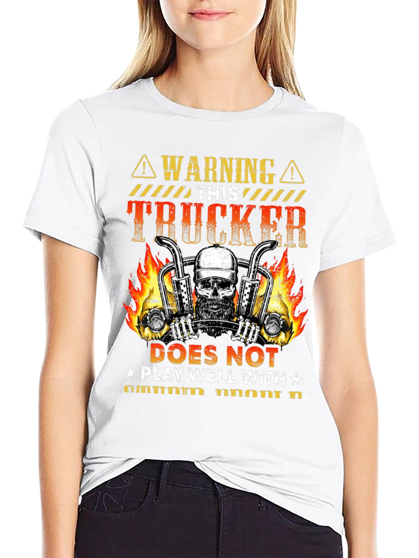 Warning Trucker T-Shirt: Skull & Flames Design