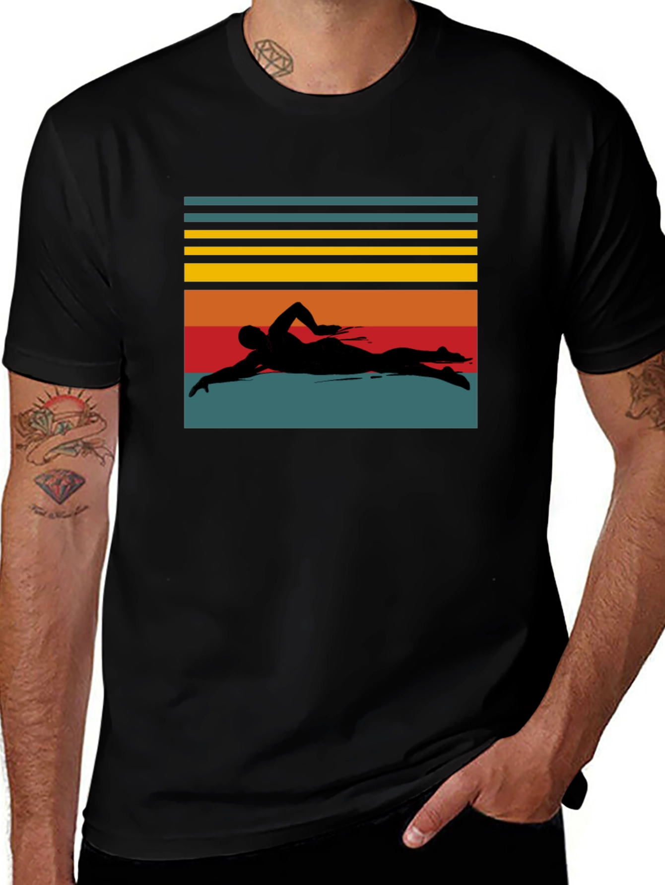 Retro Swimmer Silhouette Black T-Shirt
