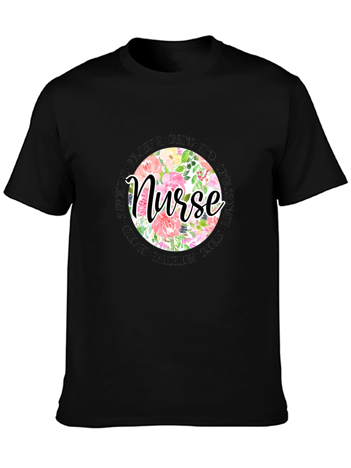Floral Nurse T-Shirt - Caring Strong Devoted