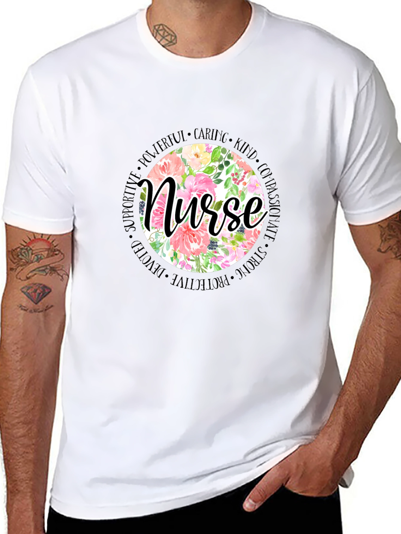 Floral Nurse T-Shirt - Caring Strong Devoted
