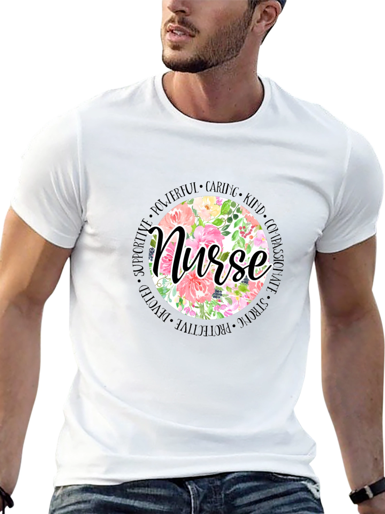 Floral Nurse T-Shirt - Caring Strong Devoted