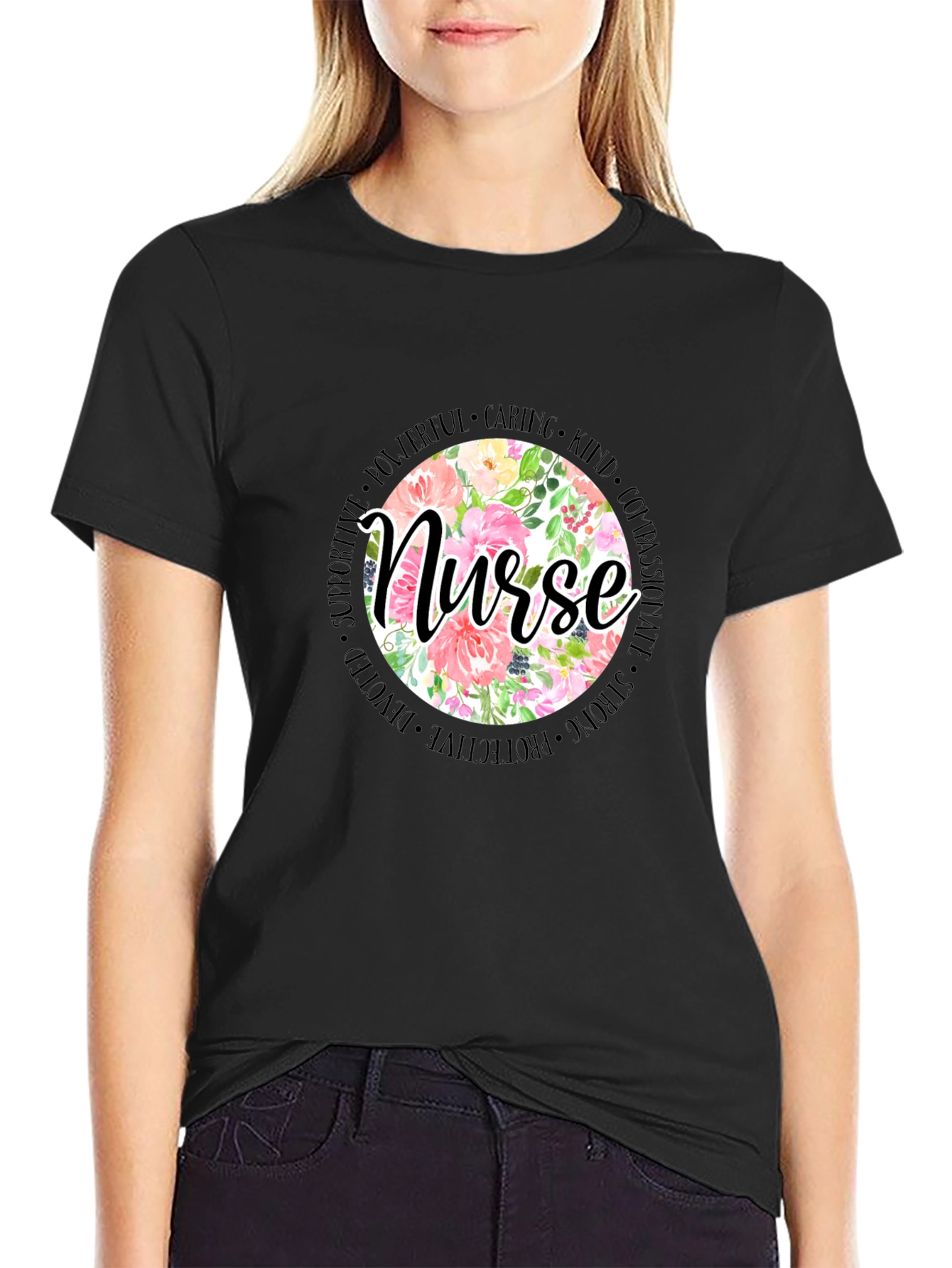 Floral Nurse T-Shirt - Caring Strong Devoted