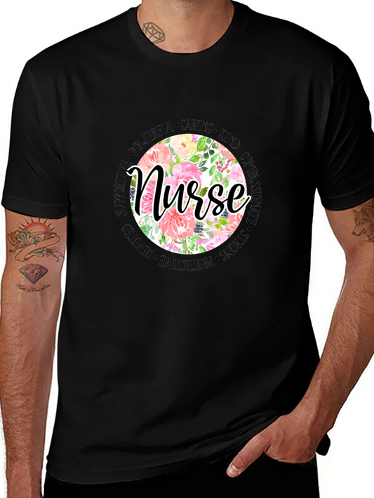 Floral Nurse T-Shirt - Caring Strong Devoted