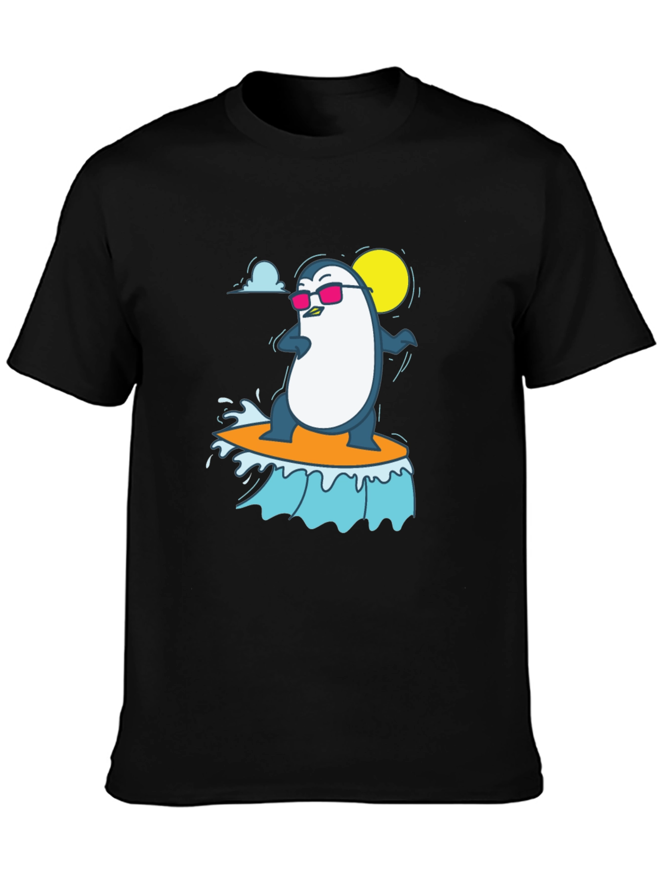 Cool Surfing Penguin Graphic Tee - Black T-Shirt