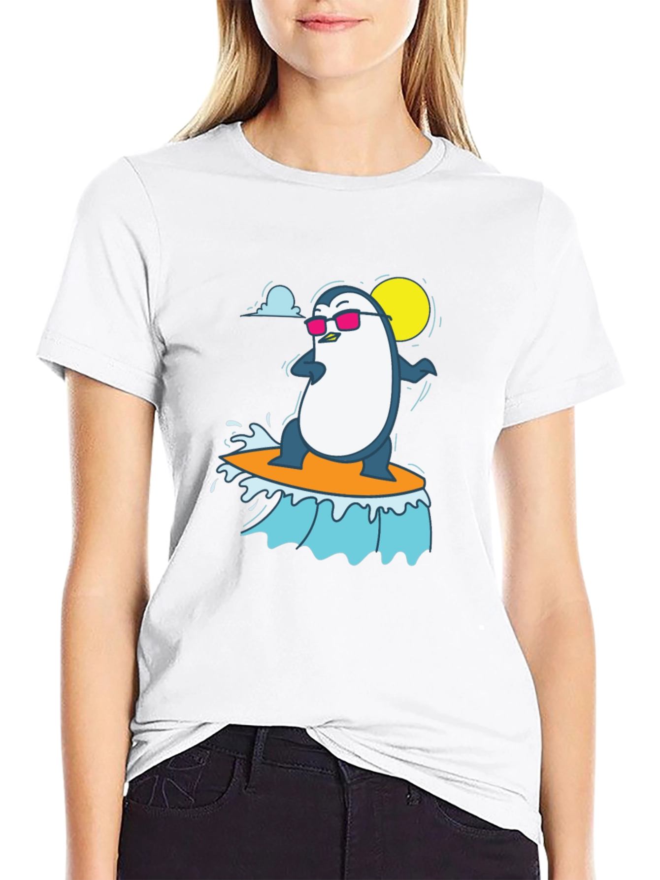 Cool Surfing Penguin Graphic Tee - Black T-Shirt