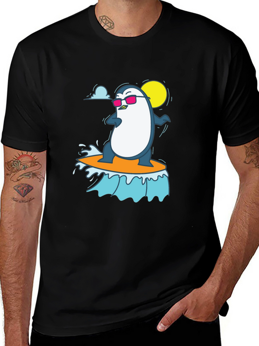 Cool Surfing Penguin Graphic Tee - Black T-Shirt