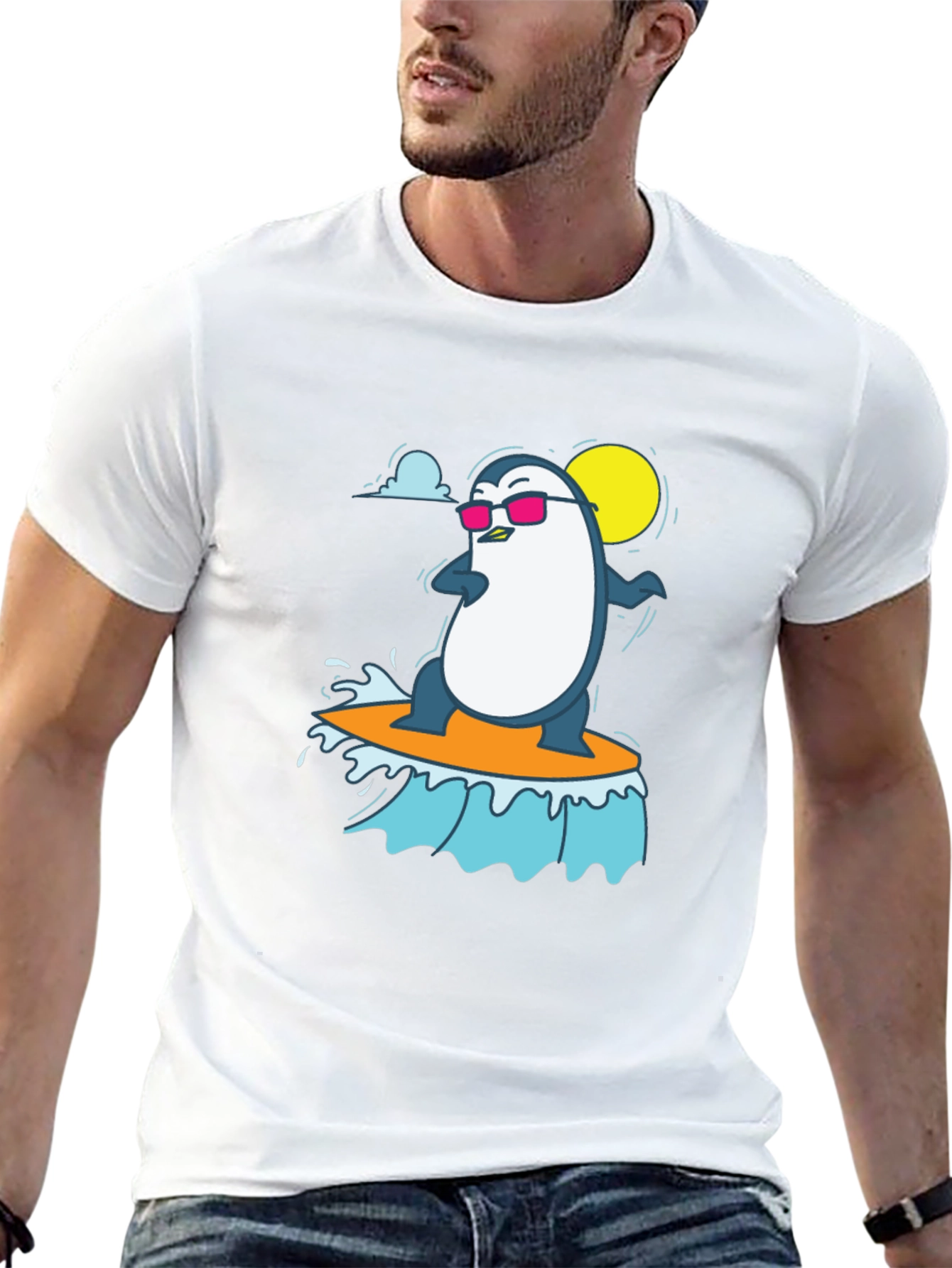 Cool Surfing Penguin Graphic Tee - Black T-Shirt