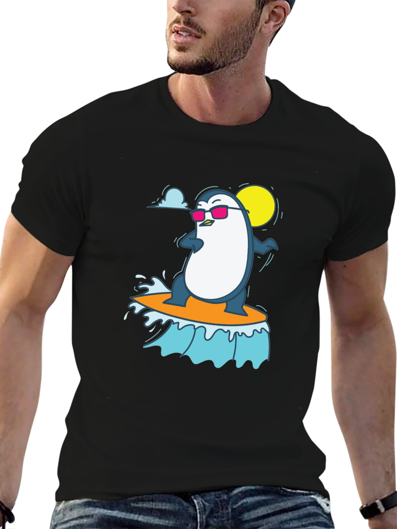 Cool Surfing Penguin Graphic Tee - Black T-Shirt