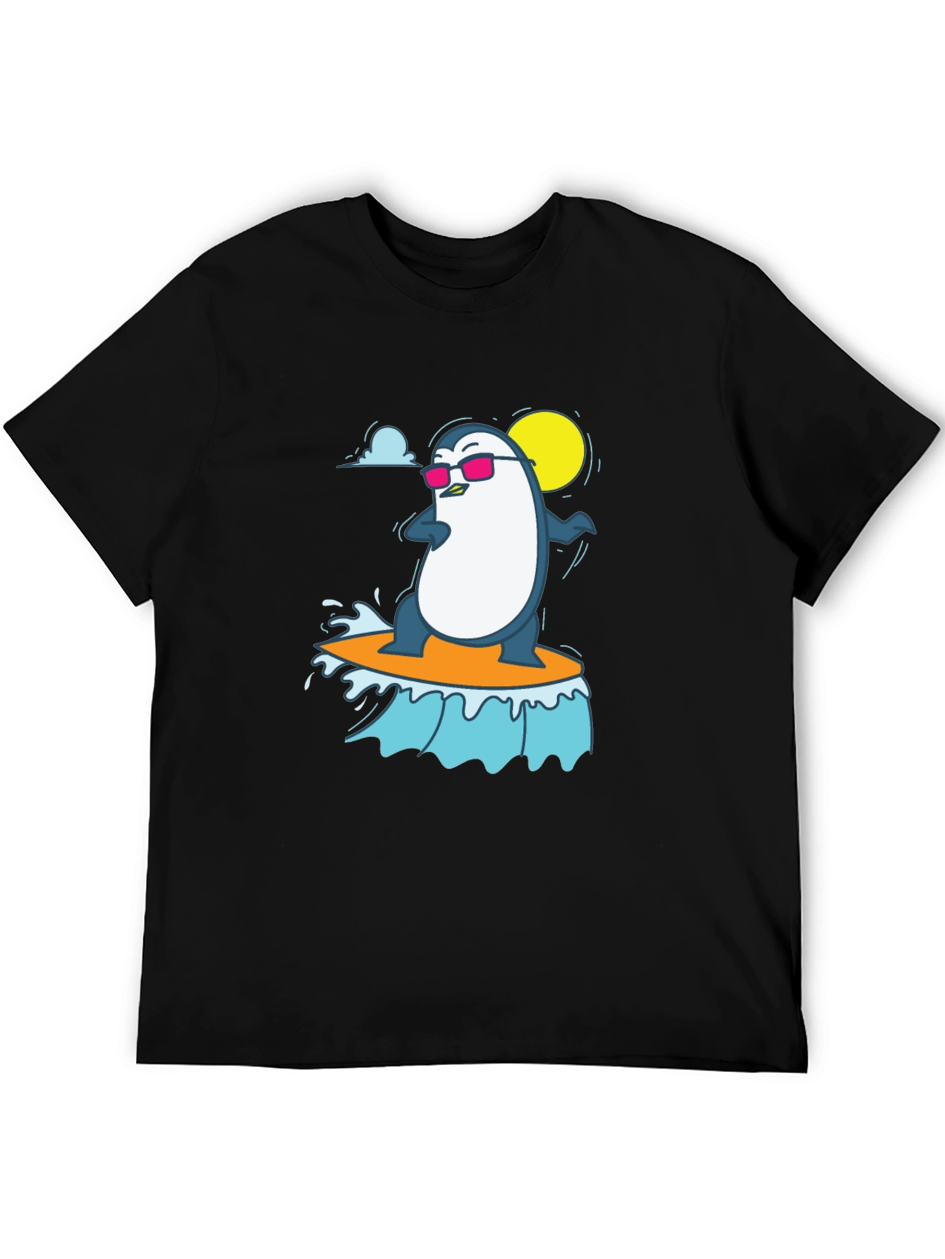 Cool Surfing Penguin Graphic Tee - Black T-Shirt