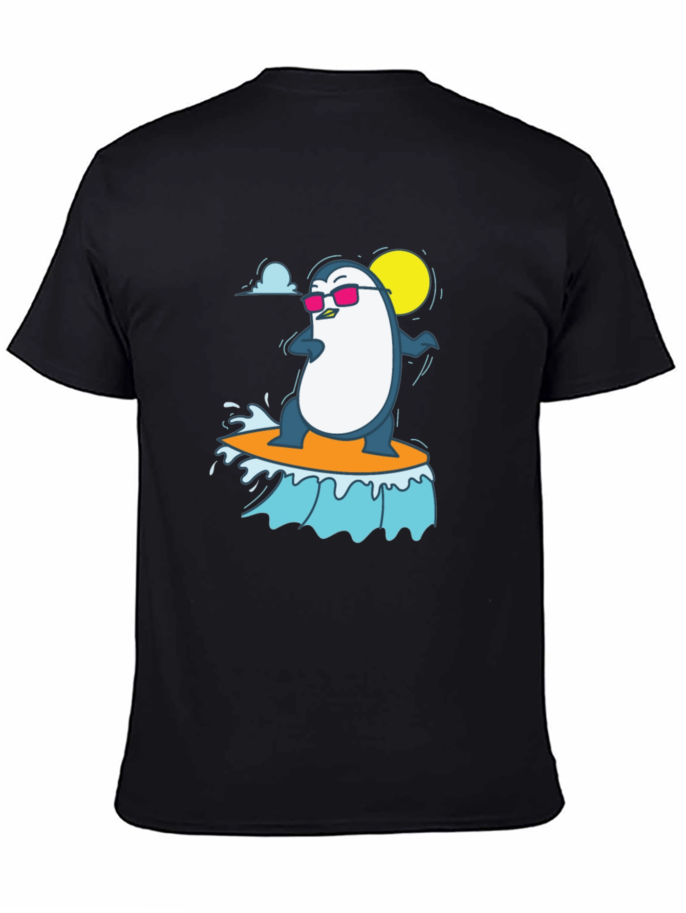Cool Surfing Penguin Graphic Tee - Black T-Shirt