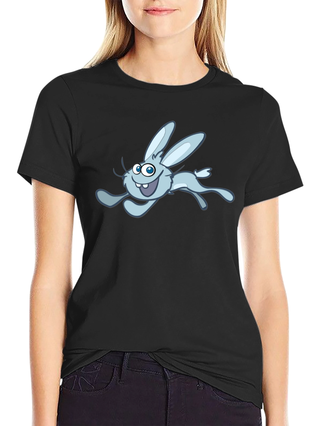 Fun Cartoon Rabbit Graphic Tee - Black