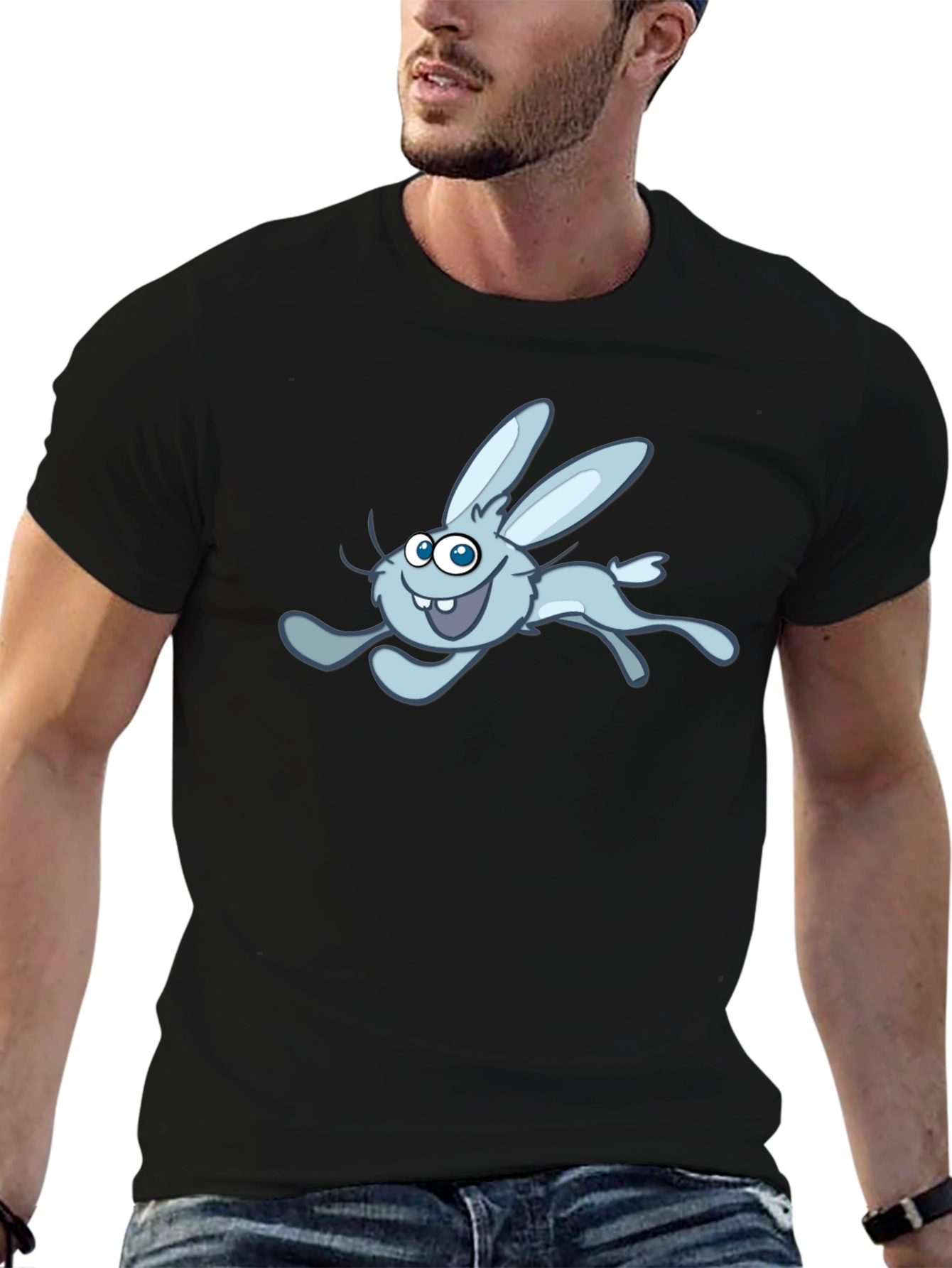 Fun Cartoon Rabbit Graphic Tee - Black