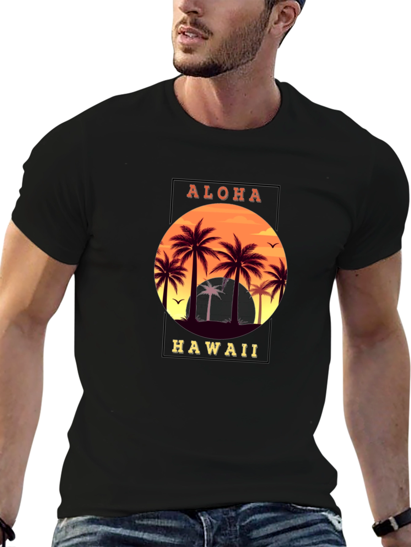 Aloha Hawaii Palm Tree Graphic T-Shirt - Black