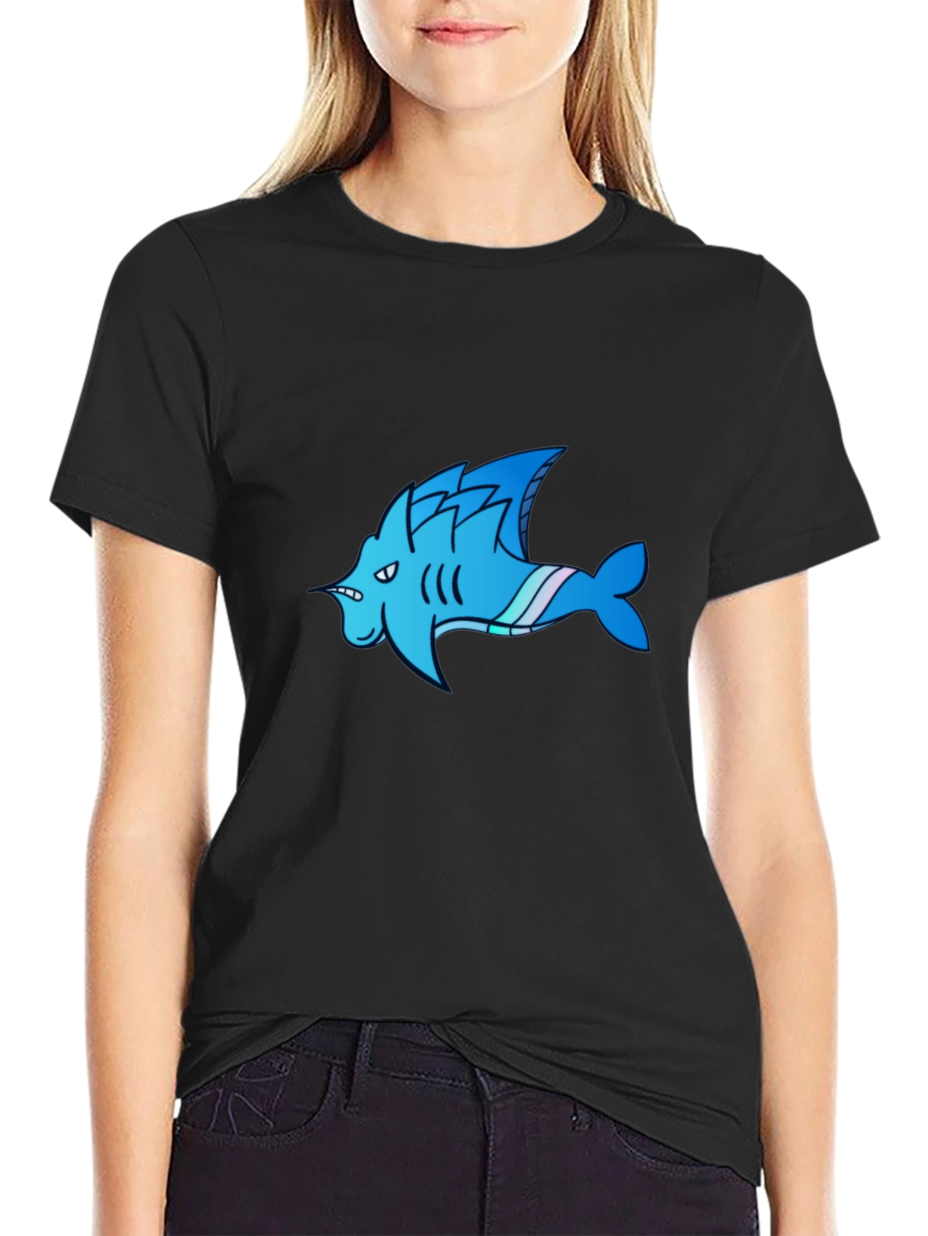 Cool Blue Shark Cartoon Graphic Black T-Shirt
