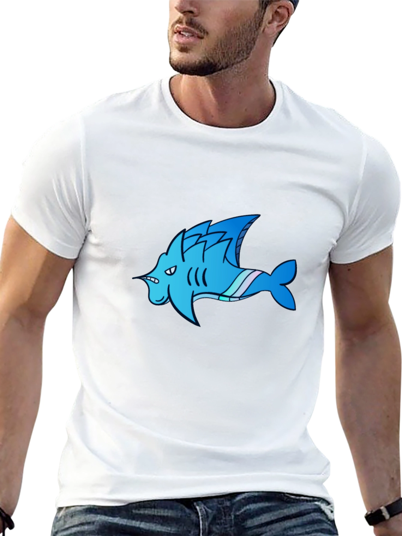 Cool Blue Shark Cartoon Graphic Black T-Shirt