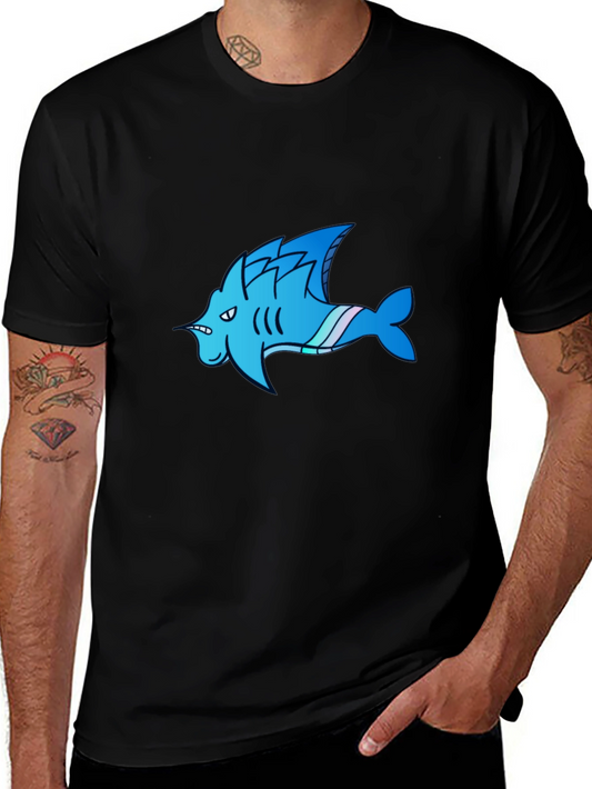 Cool Blue Shark Cartoon Graphic Black T-Shirt
