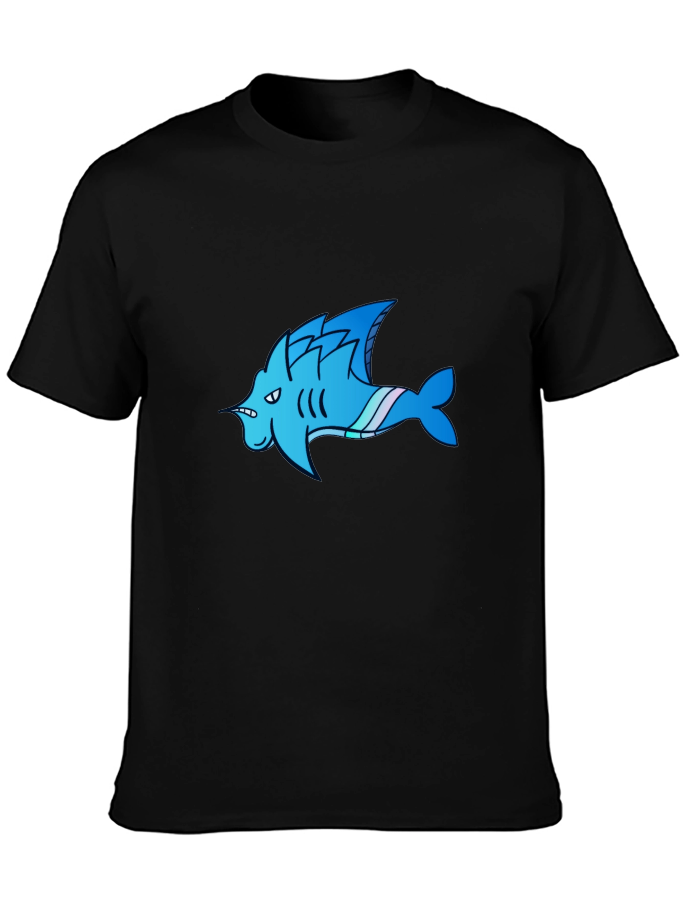 Cool Blue Shark Cartoon Graphic Black T-Shirt