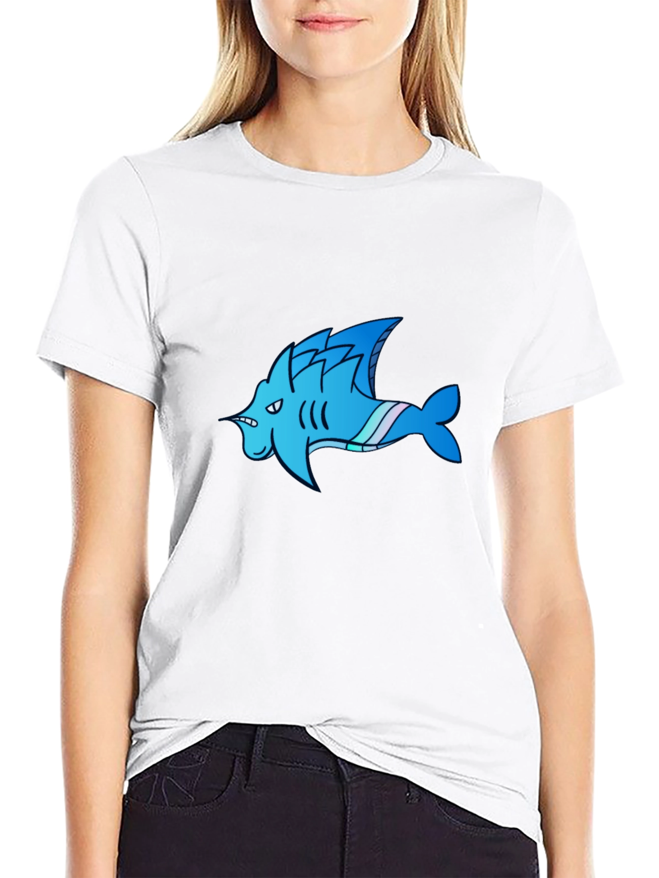 Cool Blue Shark Cartoon Graphic Black T-Shirt