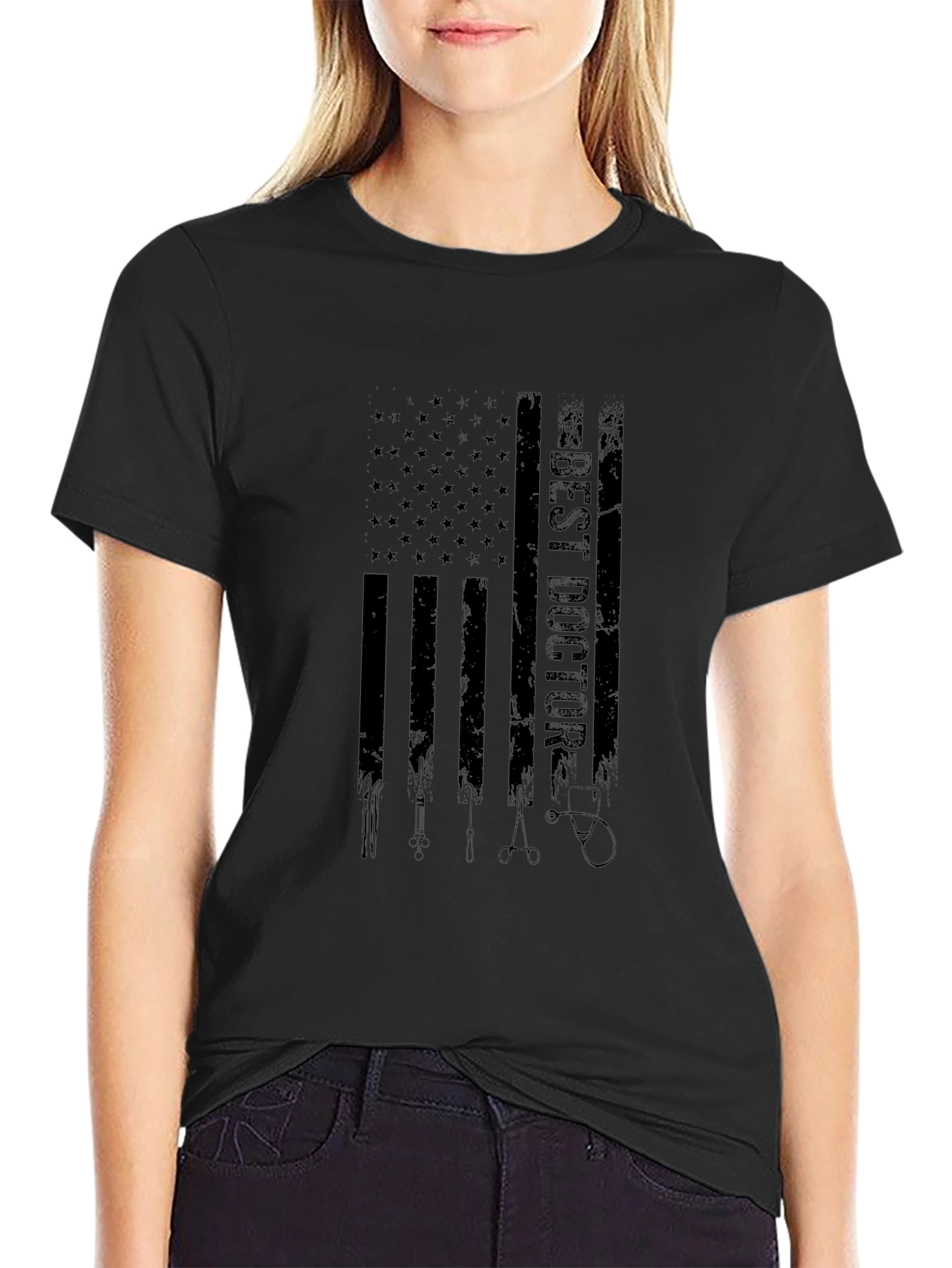 Best Doctor American Flag Graphic Black T-Shirt