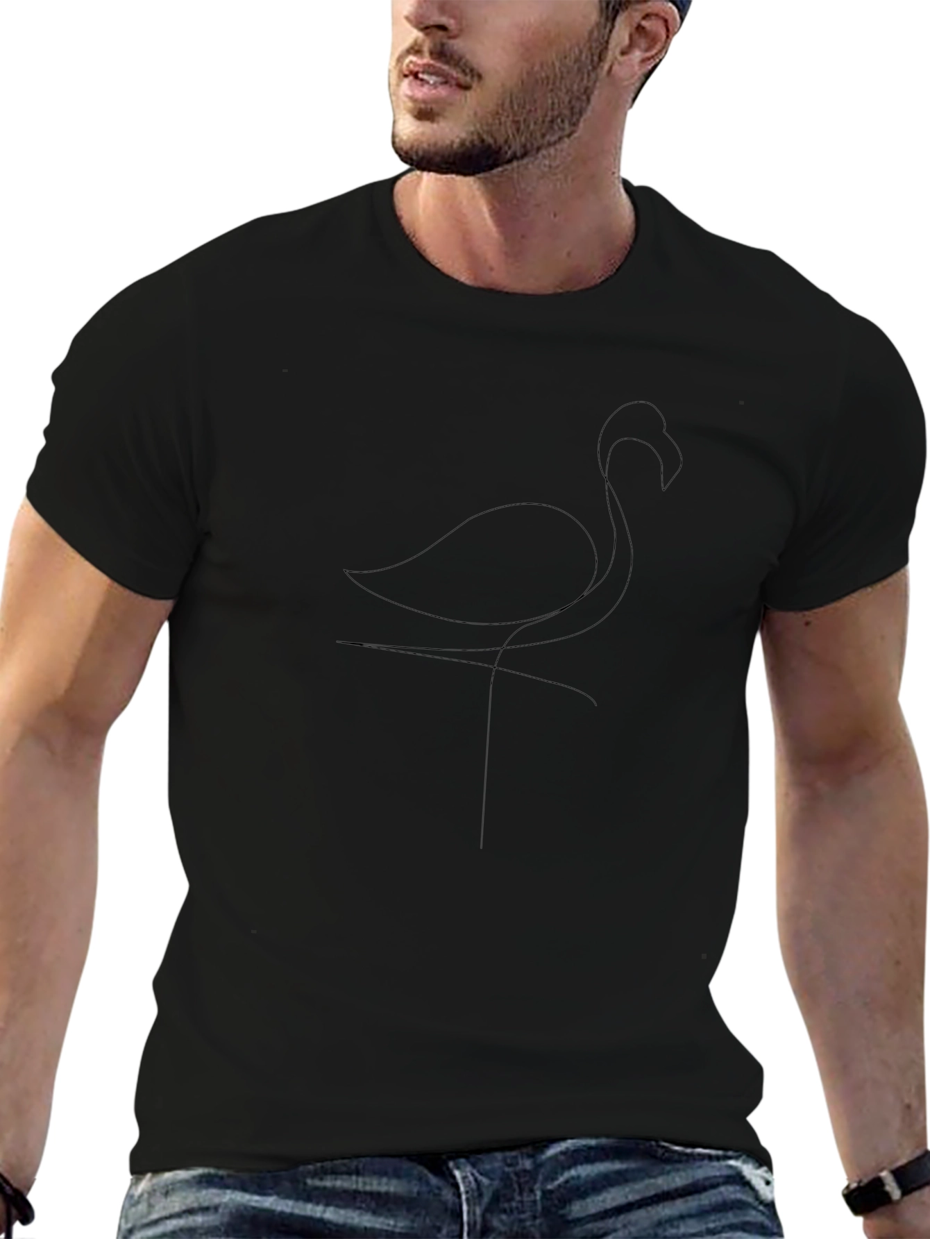 Minimalist Flamingo Line Art Black T-Shirt