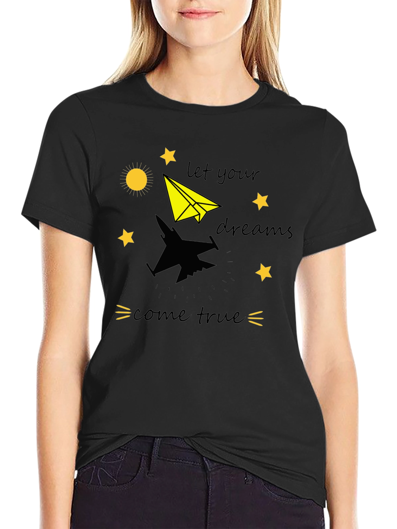 Dream True Black T-Shirt: Paper Airplane & Jet