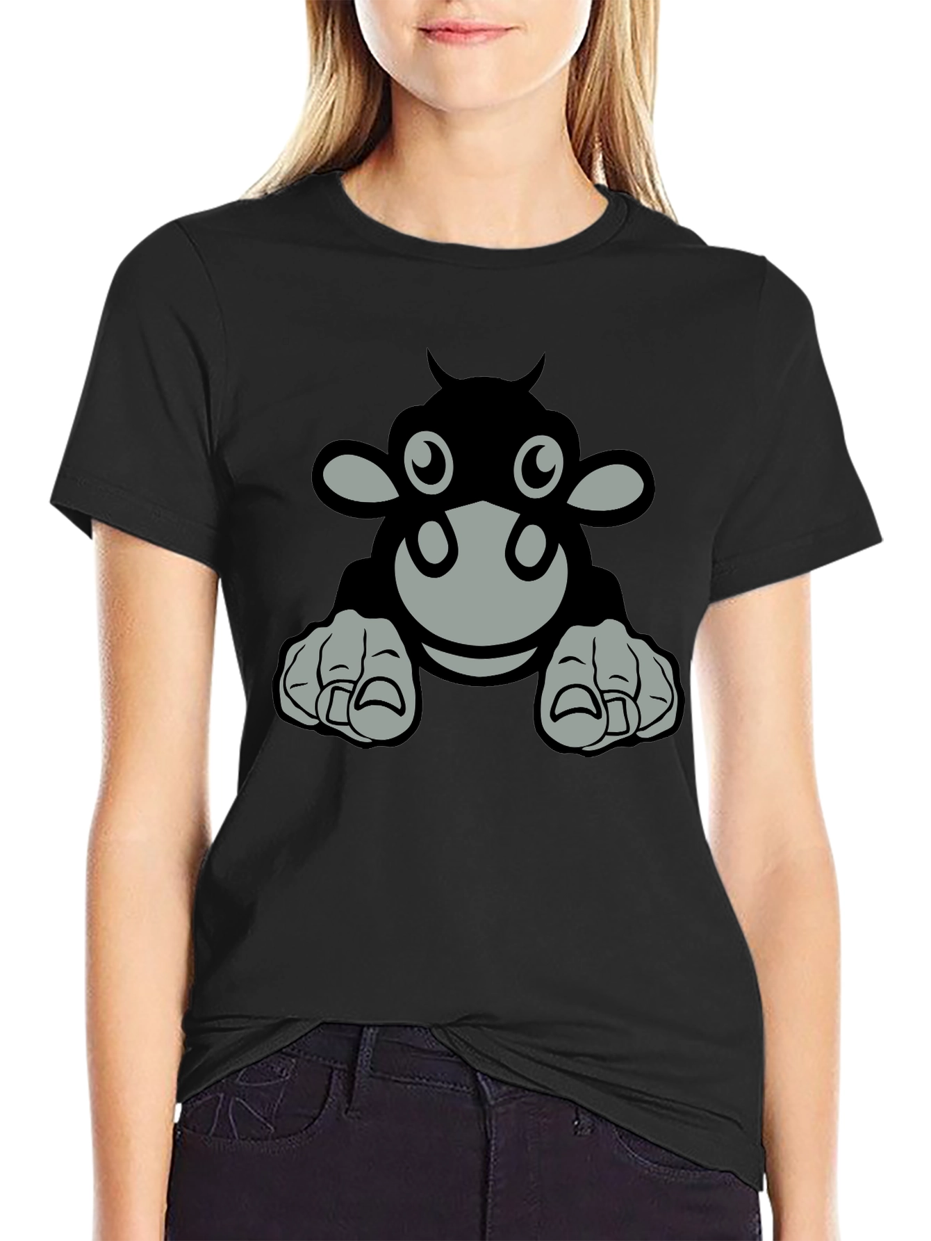 Cartoon Cow Graphic Tee - Black T-Shirt