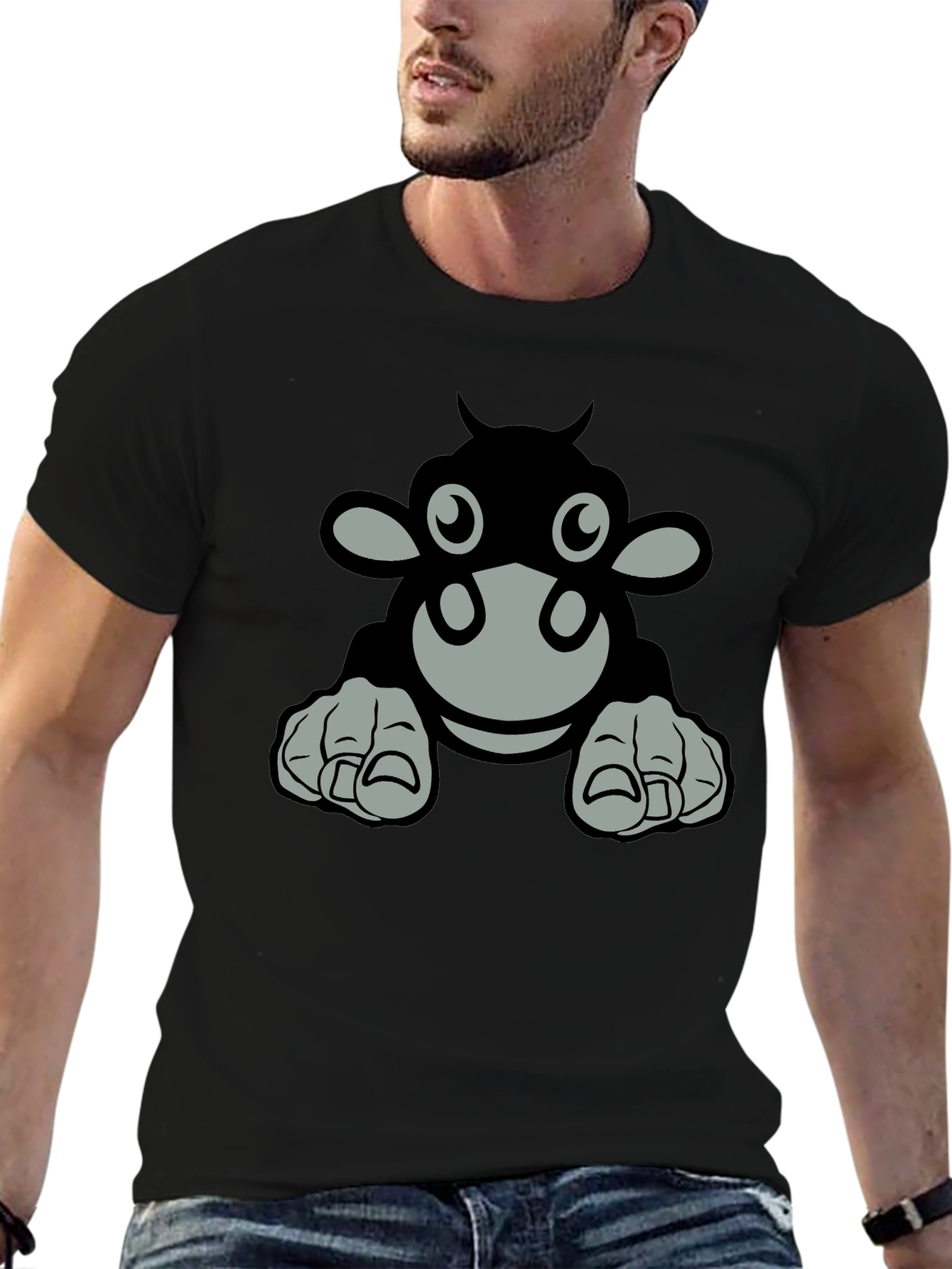 Cartoon Cow Graphic Tee - Black T-Shirt