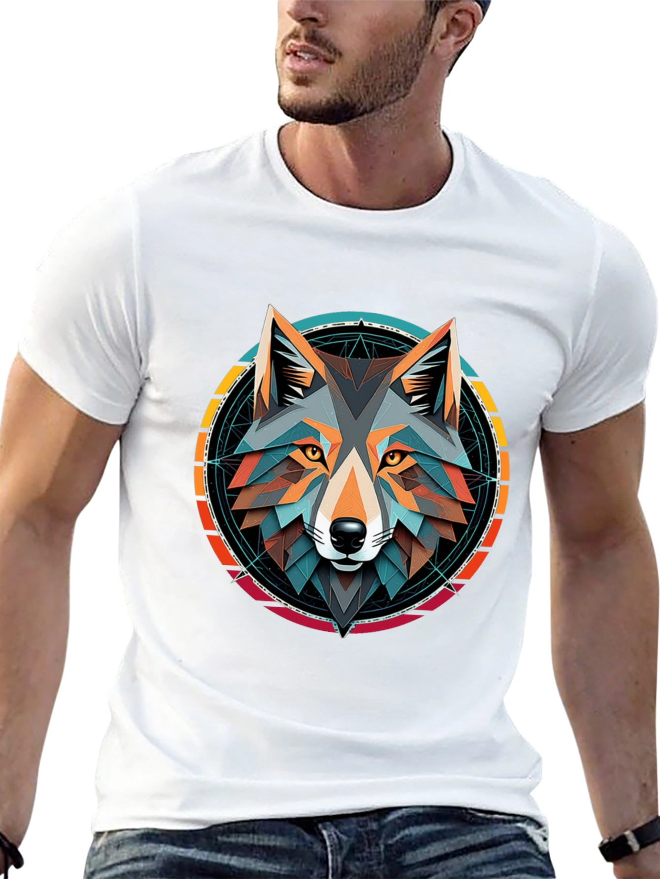 Geometric Wolf Head Graphic Tee - Stylish Unisex Design