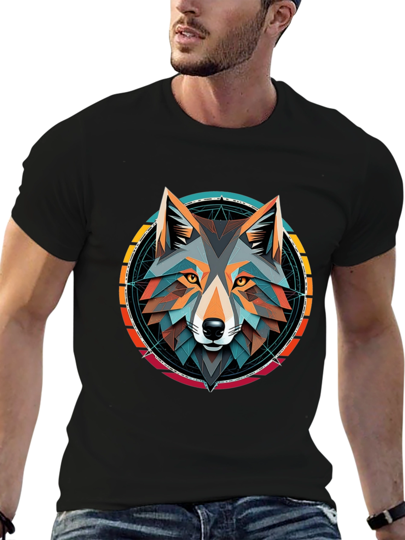 Geometric Wolf Head Graphic Tee - Stylish Unisex Design