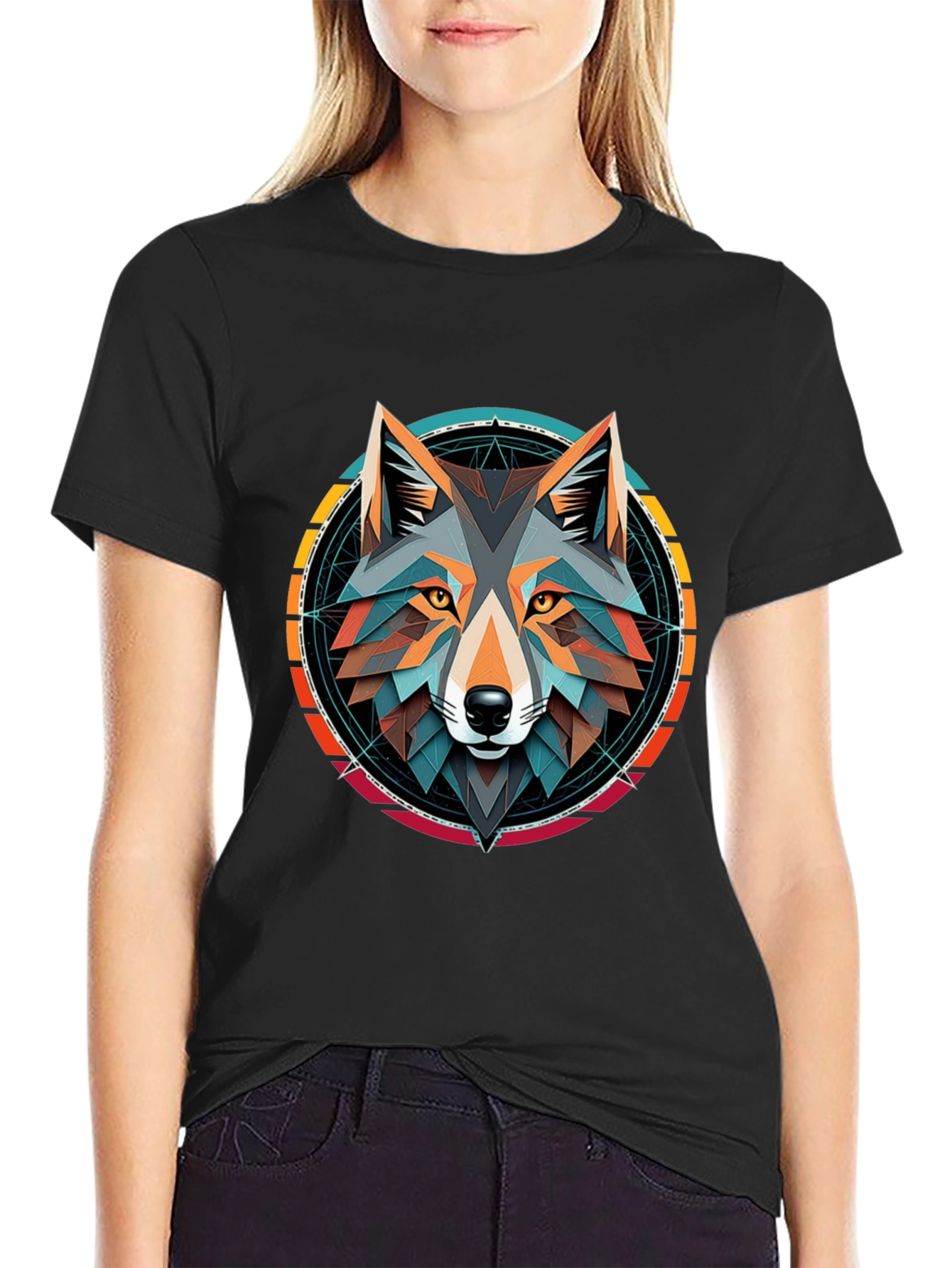 Geometric Wolf Head Graphic Tee - Stylish Unisex Design