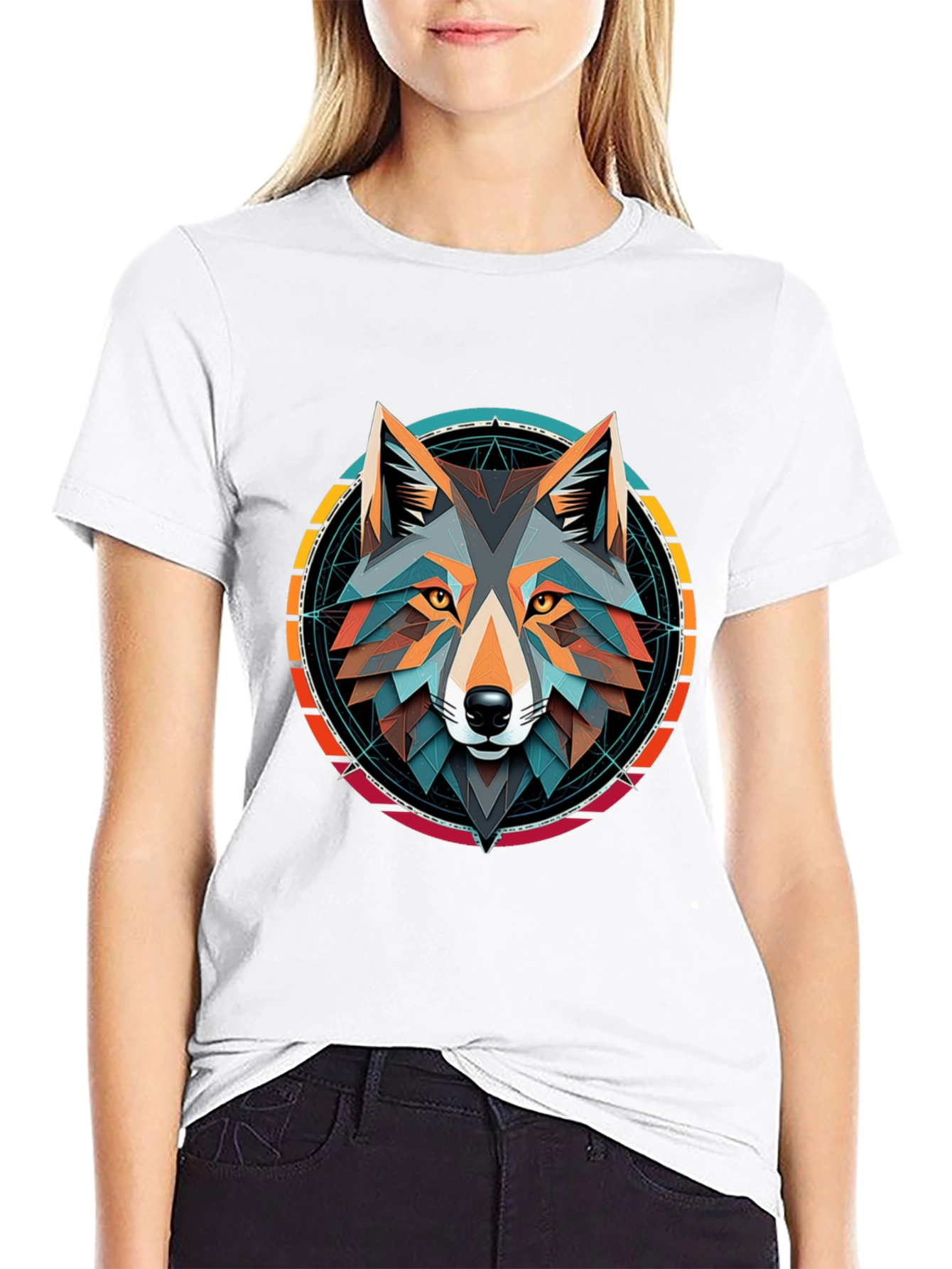 Geometric Wolf Head Graphic Tee - Stylish Unisex Design