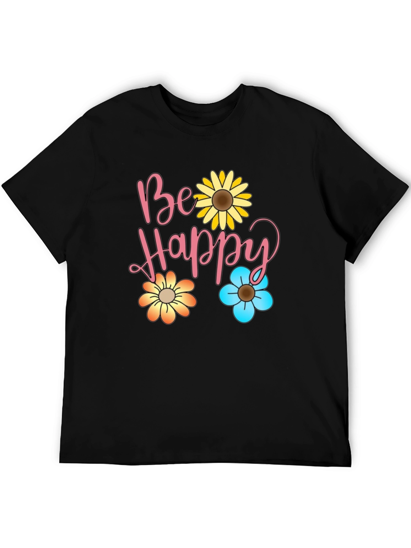 Be Happy Floral Print Black T-Shirt