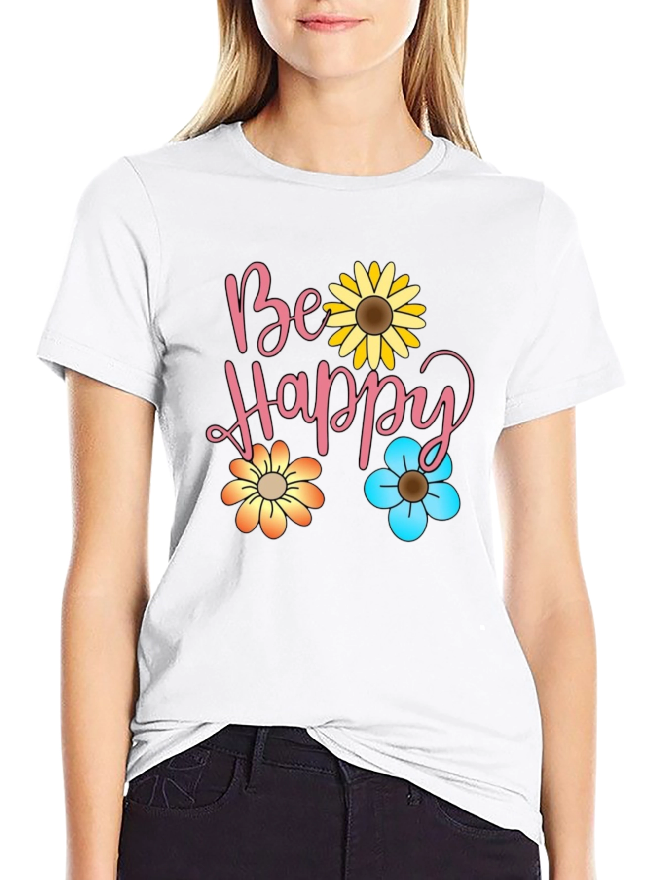 Be Happy Floral Print Black T-Shirt