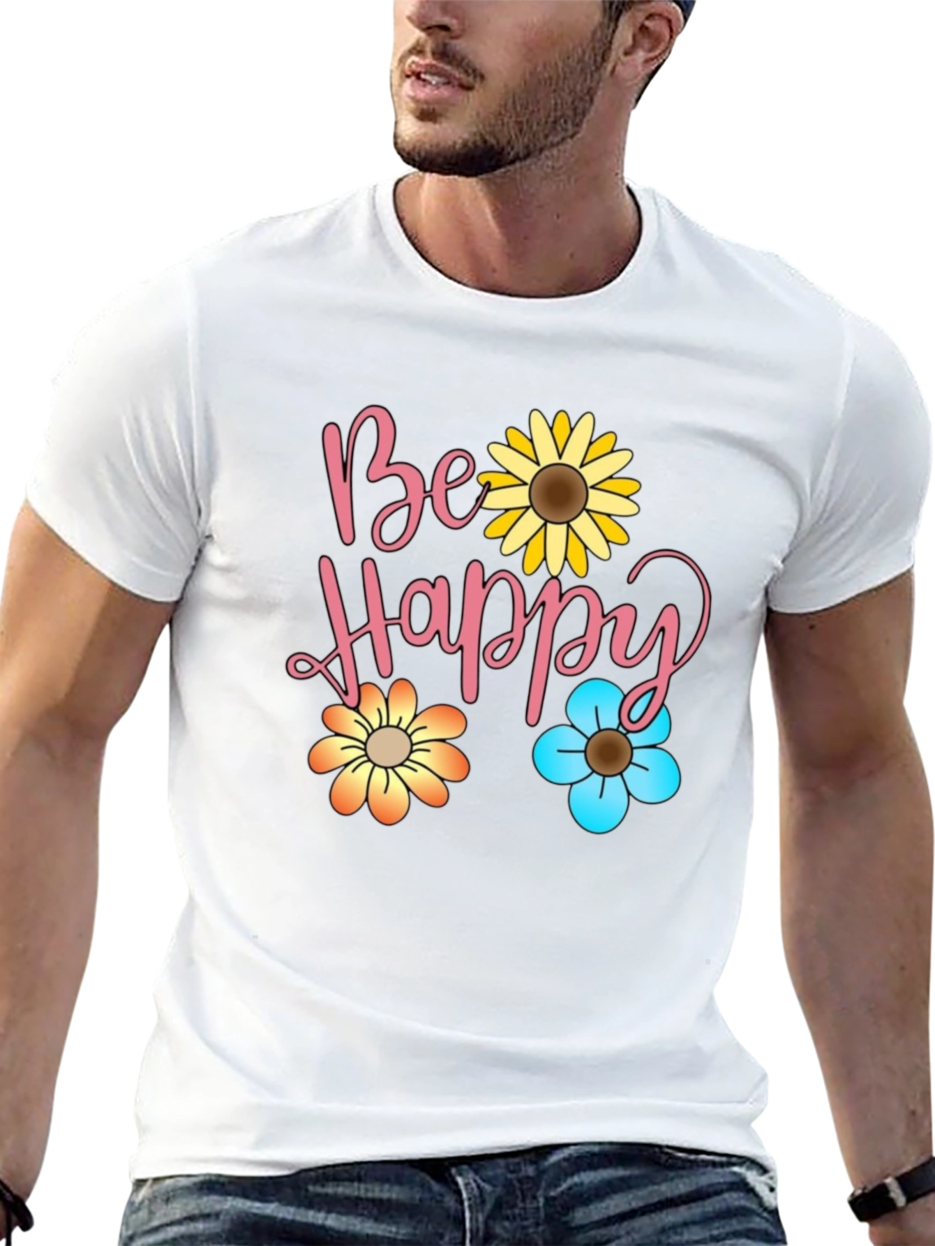 Be Happy Floral Print Black T-Shirt