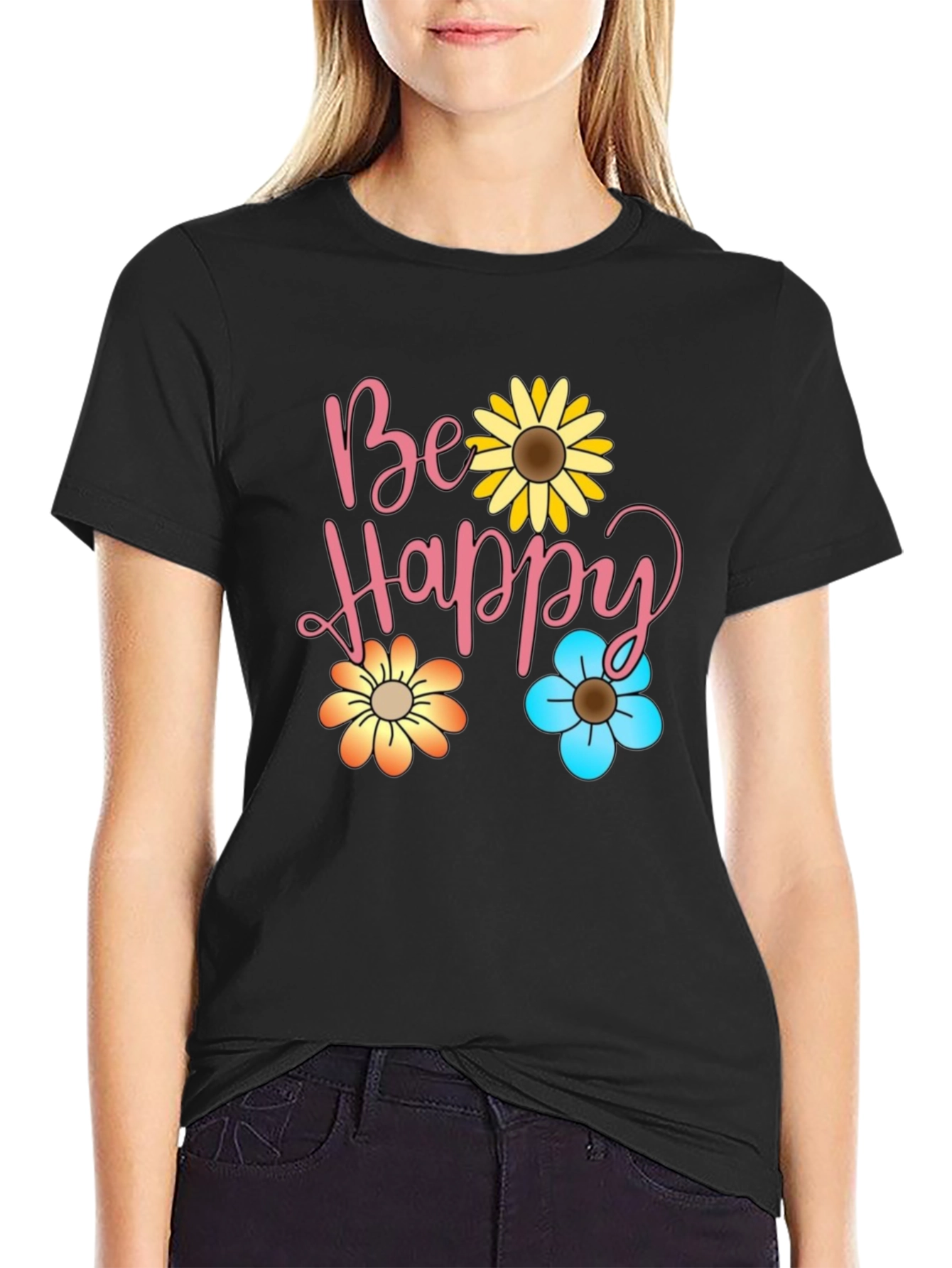 Be Happy Floral Print Black T-Shirt