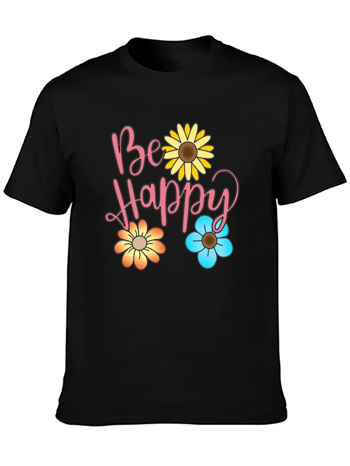 Be Happy Floral Print Black T-Shirt