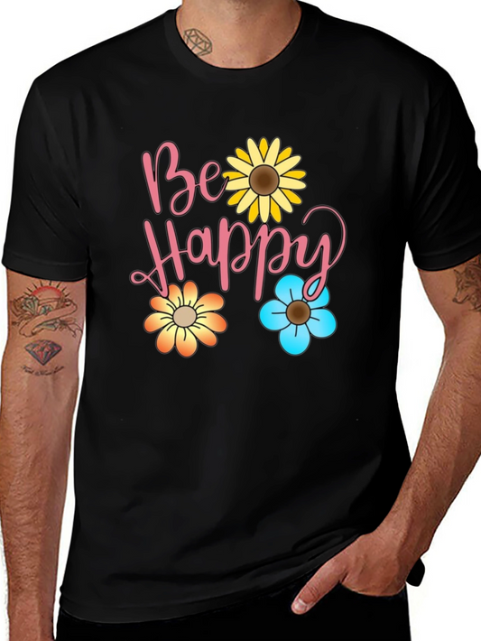 Be Happy Floral Print Black T-Shirt
