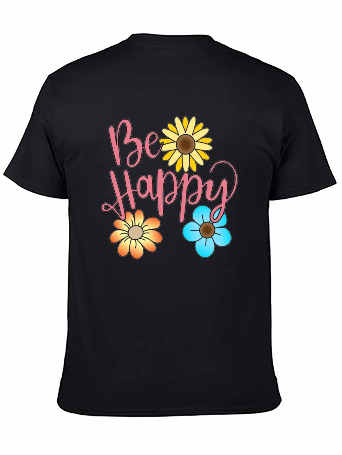 Be Happy Floral Print Black T-Shirt