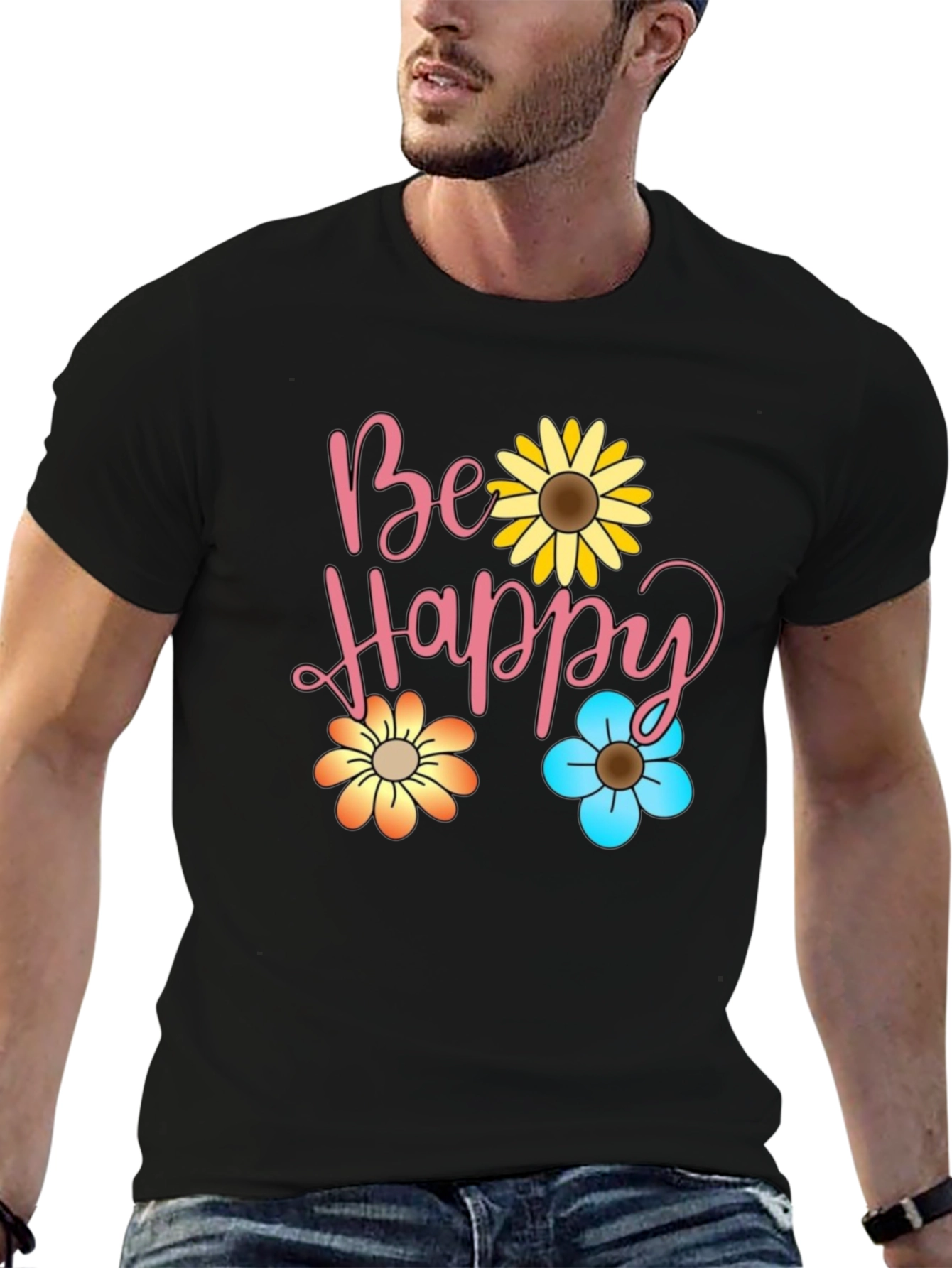 Be Happy Floral Print Black T-Shirt