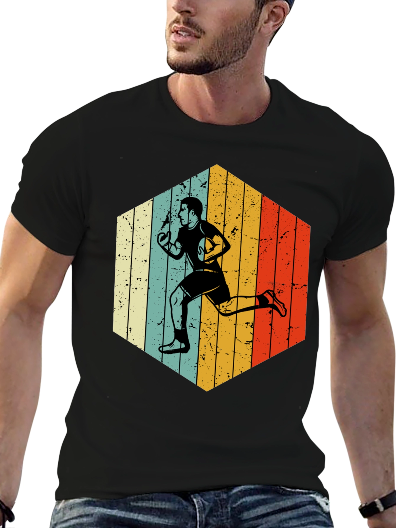 Retro Rugby Player Hexagon Graphic T-Shirt