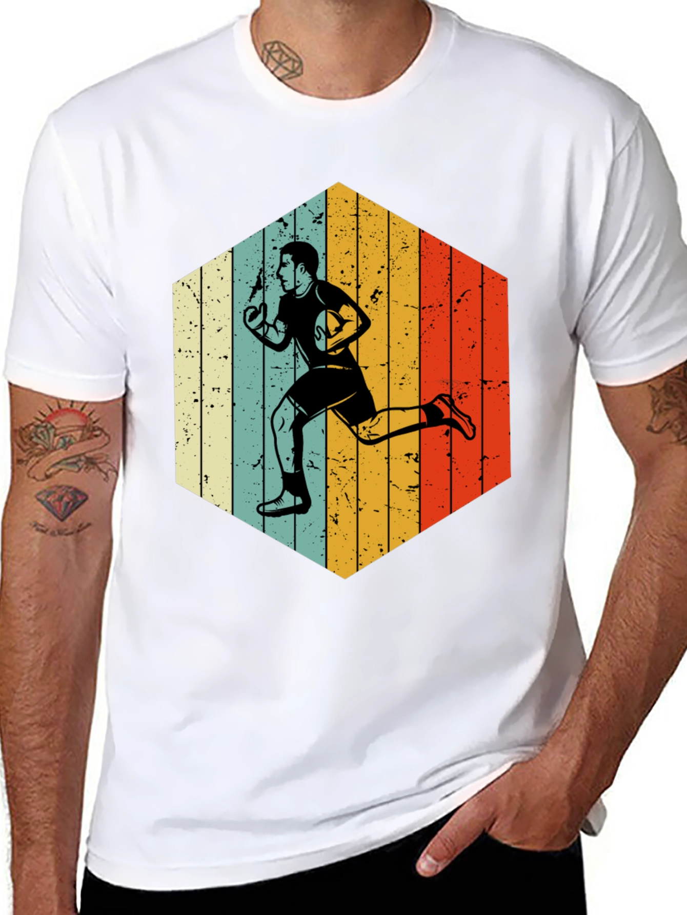 Retro Rugby Player Hexagon Graphic T-Shirt