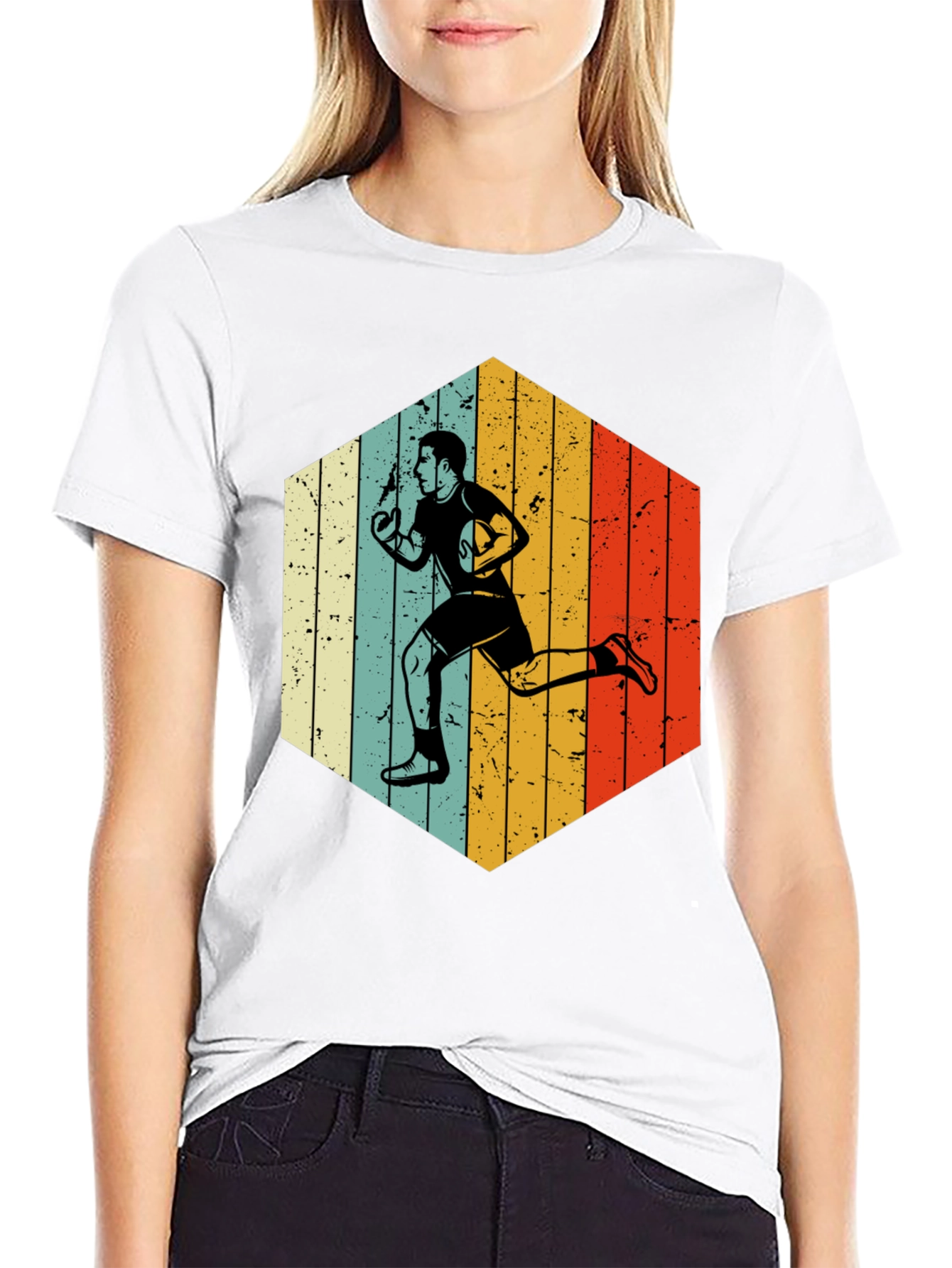 Retro Rugby Player Hexagon Graphic T-Shirt
