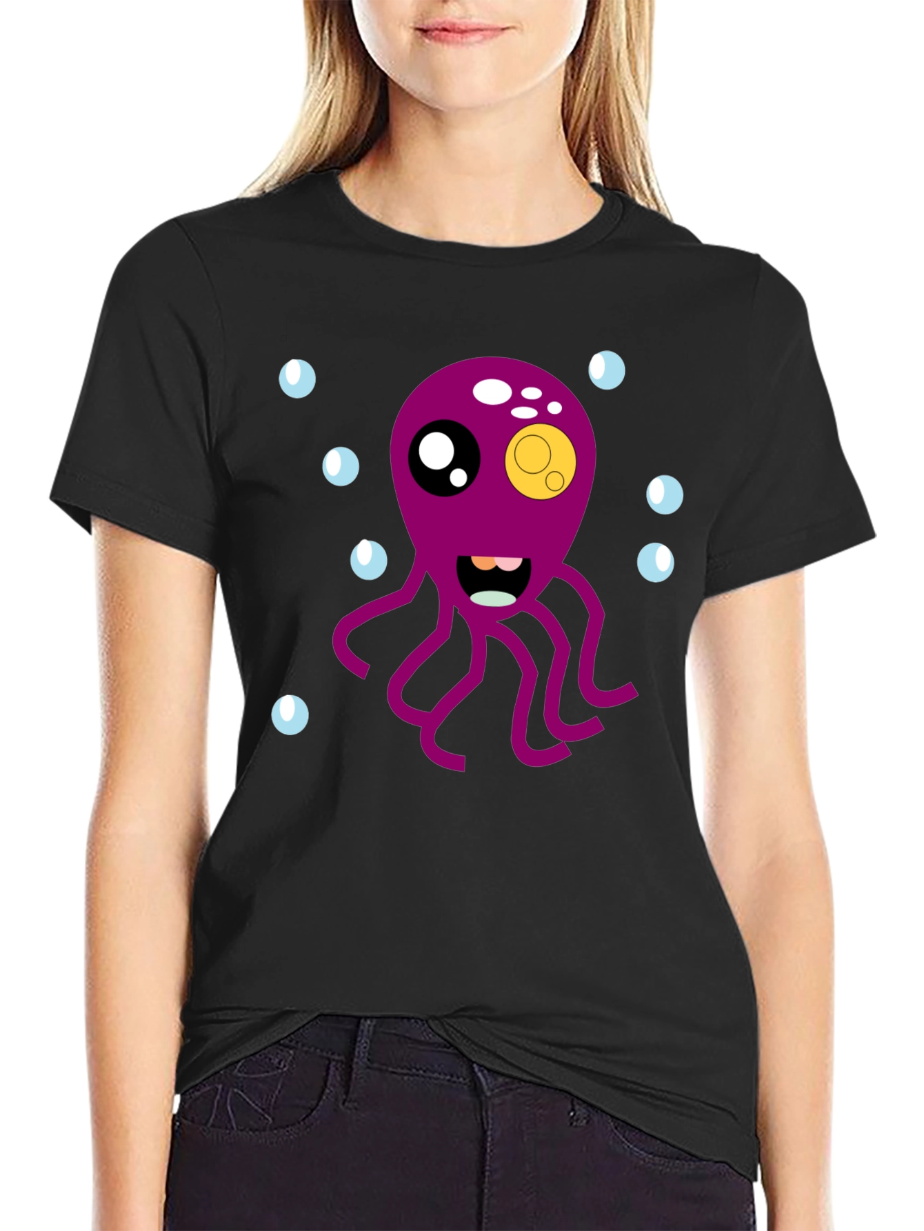 Cute Octopus Cartoon Graphic T-Shirt - Black