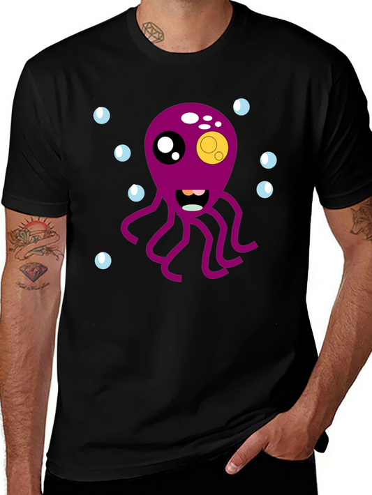 Cute Octopus Cartoon Graphic T-Shirt - Black