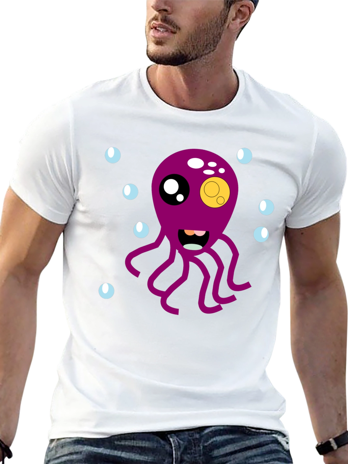Cute Octopus Cartoon Graphic T-Shirt - Black