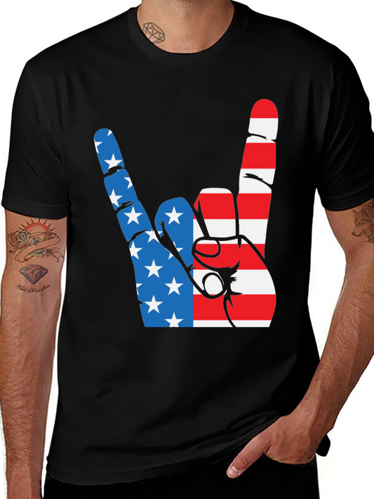 Patriotic Rock On Graphic Tee - USA Hand Sign