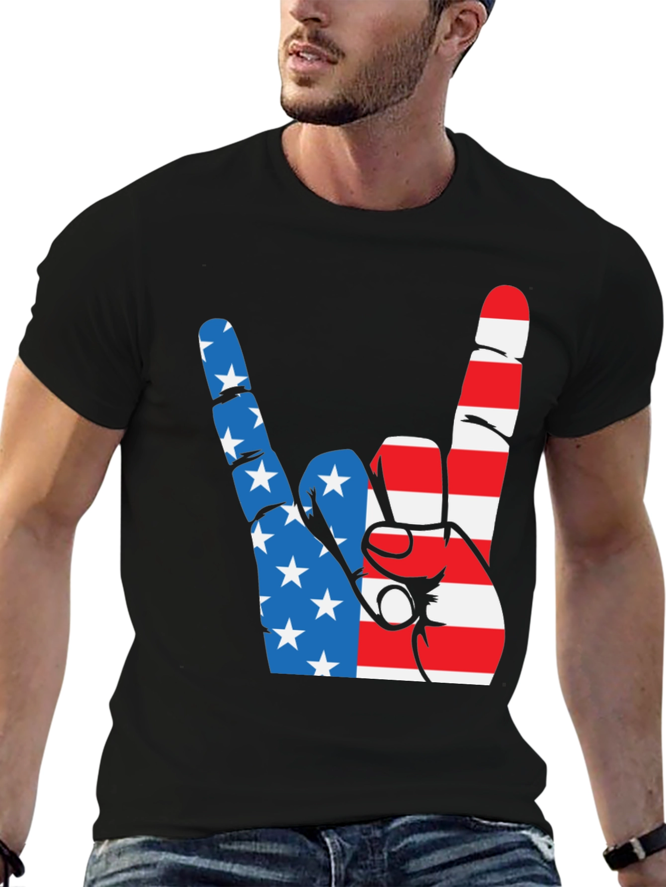 Patriotic Rock On Graphic Tee - USA Hand Sign